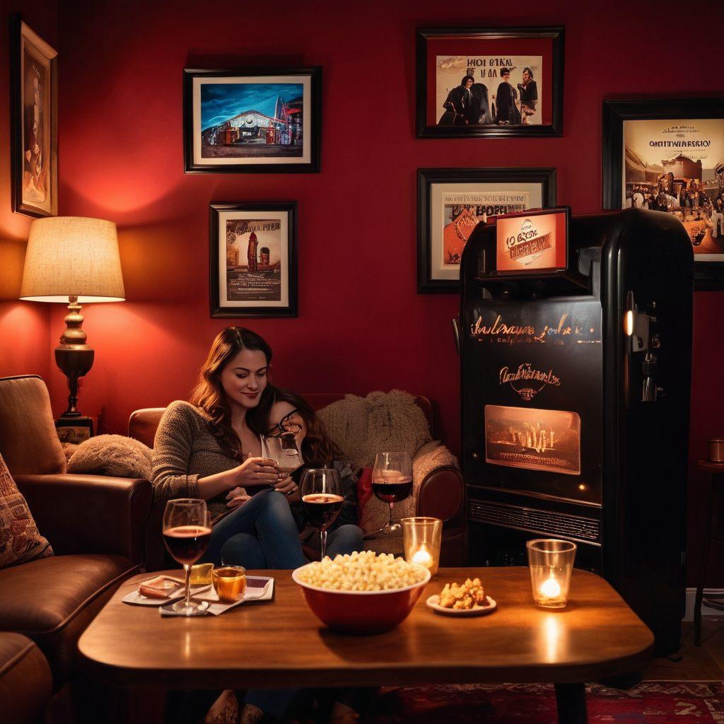 A cozy cinema scene featuring a couple enjoying glasses of red wine while watching a film, surrounded by indie movie posters and warm lighting. Include a vintage popcorn machine and rich, dark wood decor for ambiance. The atmosphere should feel inviting and charming, encapsulating the joy of independent cinema. vibrant colors. cozy vibes. super-realistic.