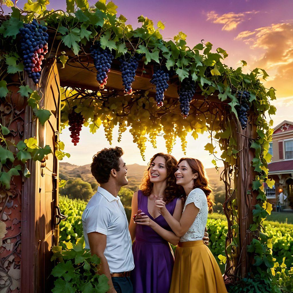 A whimsical film reel intertwined with vibrant grape vines, dripping with juicy grapes, set against a backdrop of a colorful, eclectic cinema. Characters laughing and dancing among the grapes, capturing the essence of joy in film. The atmosphere should feel playful and surreal, inviting viewers to embark on a unique journey. Add a golden sunset illuminating the scene. super-realistic. vibrant colors. cinematic style.