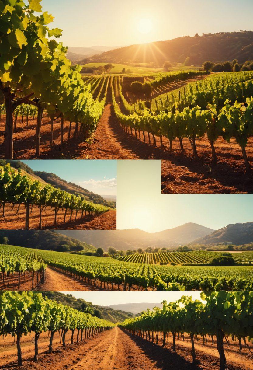 A cinematic scene depicting vineyard landscapes transitioning into a vibrant film set, with indie filmmakers capturing the essence of storytelling. Include grapevines, film reels, and a vintage camera, creating a harmonious blend between nature and cinema. Showcase warm sunlight filtering through the grapes and colorful storyboards scattered around. Illustrate the joy and passion for independent film. super-realistic. vibrant colors. sunlight effect.